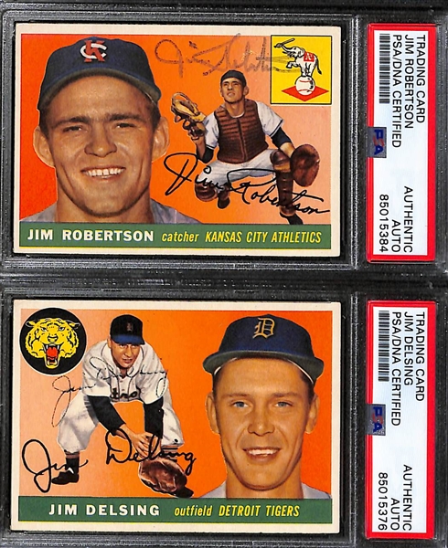 (6) 1955 Topps Signed Cards w. Hank Bauer, Charlie Silvera, Jim Robertson, Jim Delsing, Bob Oldis, and Johnny Sain. (PSA/DNA Certified)